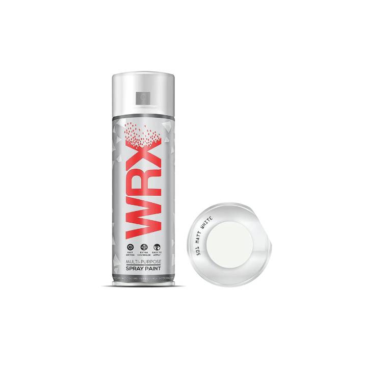 WRX spray paint can with a sample of white paint on a white background