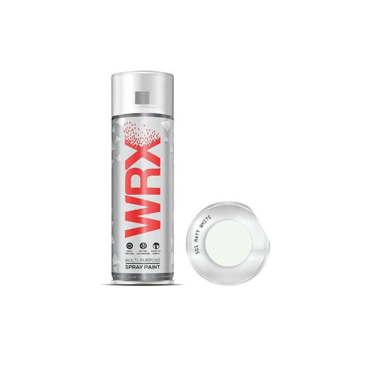 WRX spray paint can with a sample of white paint on a white background