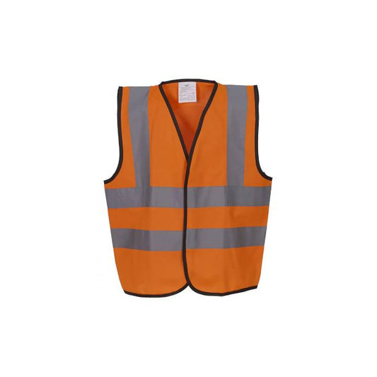 Orange safety vest with reflective stripes on a white background