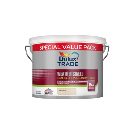 Dulux Trade Weathershield Smooth Masonry Paint container on a white background