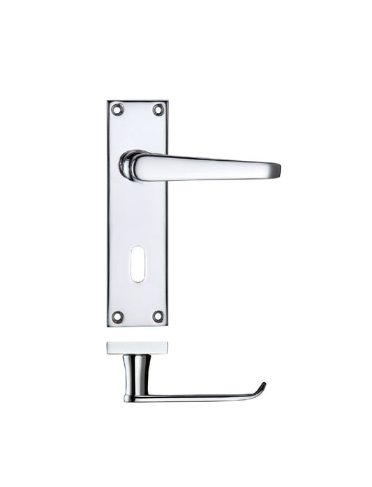 A polished chrome plated flat lever lock on a backplate for doors.