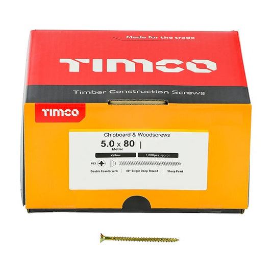 Timco 5.0 x 80 Chipboard & Woodscrews 1000pcs