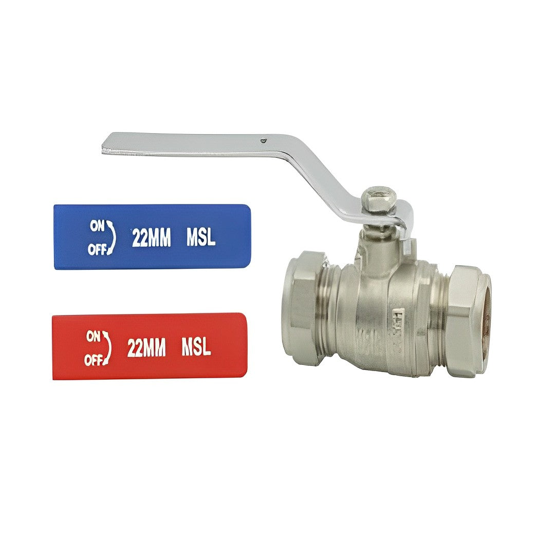 22mm Light Pattern Dual Lever Ball Valve - 2 Handles Red & Blue
