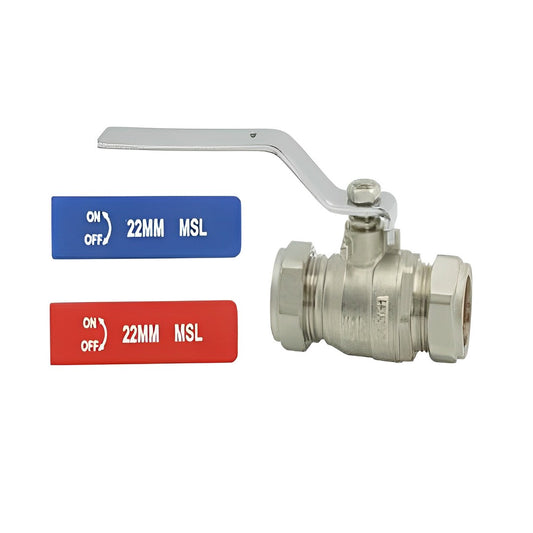 22mm Light Pattern Dual Lever Ball Valve - 2 Handles Red & Blue
