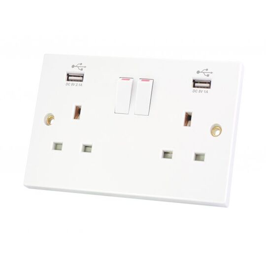 USB 2 Gang Double Plug Socket White