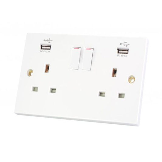 USB 2 Gang Double Plug Socket White